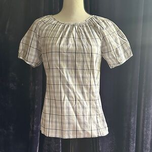 NWT J. Crew Black and White Plaid Puff Sleeve Blouse organic cotton blend Sz 0